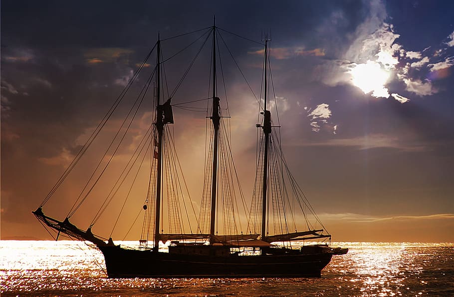 silhouette photo of boat in body of water, sea, lake, ocean, ship, HD wallpaper