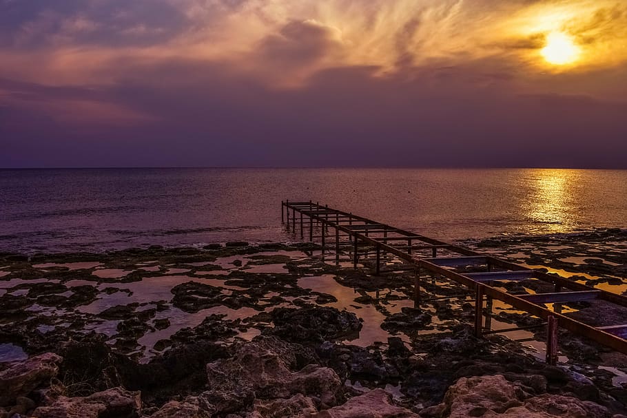 dock, destroyed, aged, weathered, sea, horizon, sunset, sky HD wallpaper