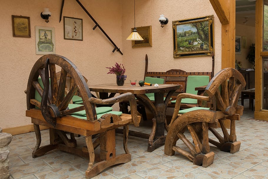 seating area, rustic, rural, restaurant, table, bank, chair, HD wallpaper