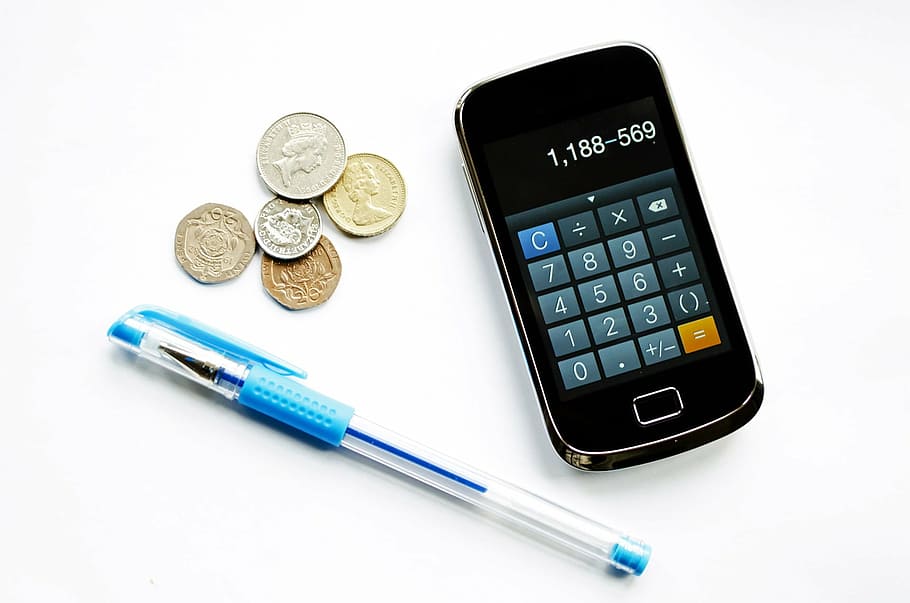 blue pen beside coins and black slide phone, business, profession, HD wallpaper