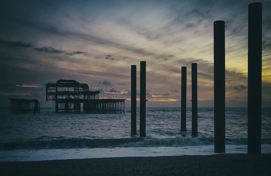 Pier, Hove, Brighton, Sea, England, beach, skeleton, structure, HD wallpaper