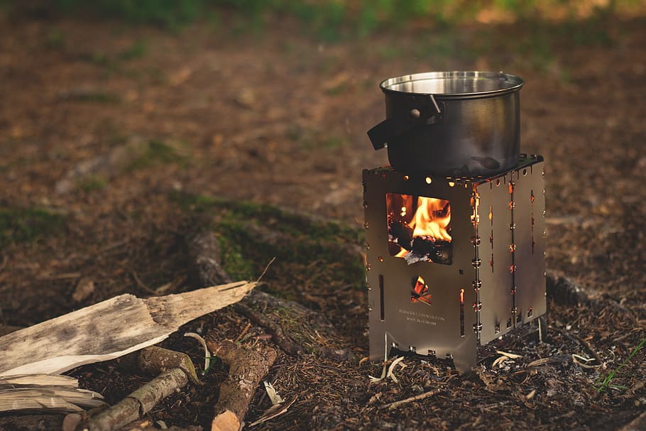 Hd Wallpaper Stainless Steel Cooing Pot On Burner Near Fire Woods