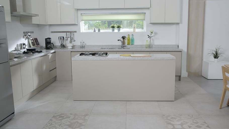 white kitchen island, dining table, flooring, space, home Interior HD wallpaper