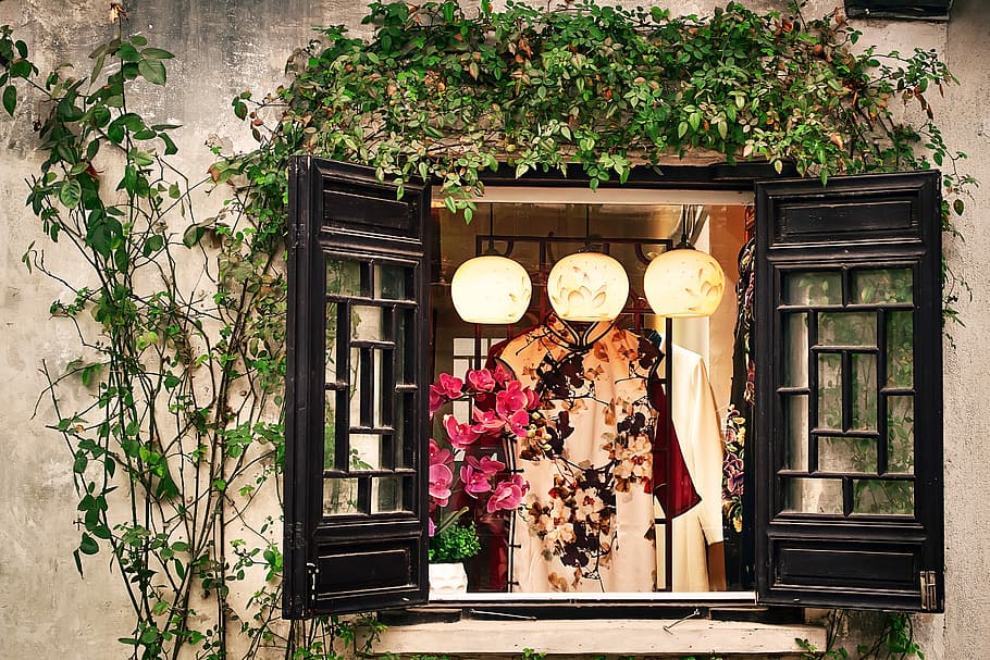 white and red floral dress near window, pink petale flowers inside near black wooden window HD wallpaper