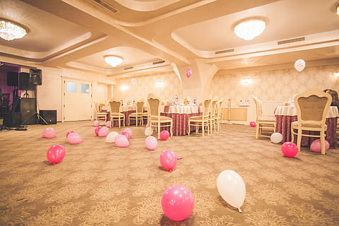 pink and white balloon lot on brown floor, function, hall, reception HD wallpaper