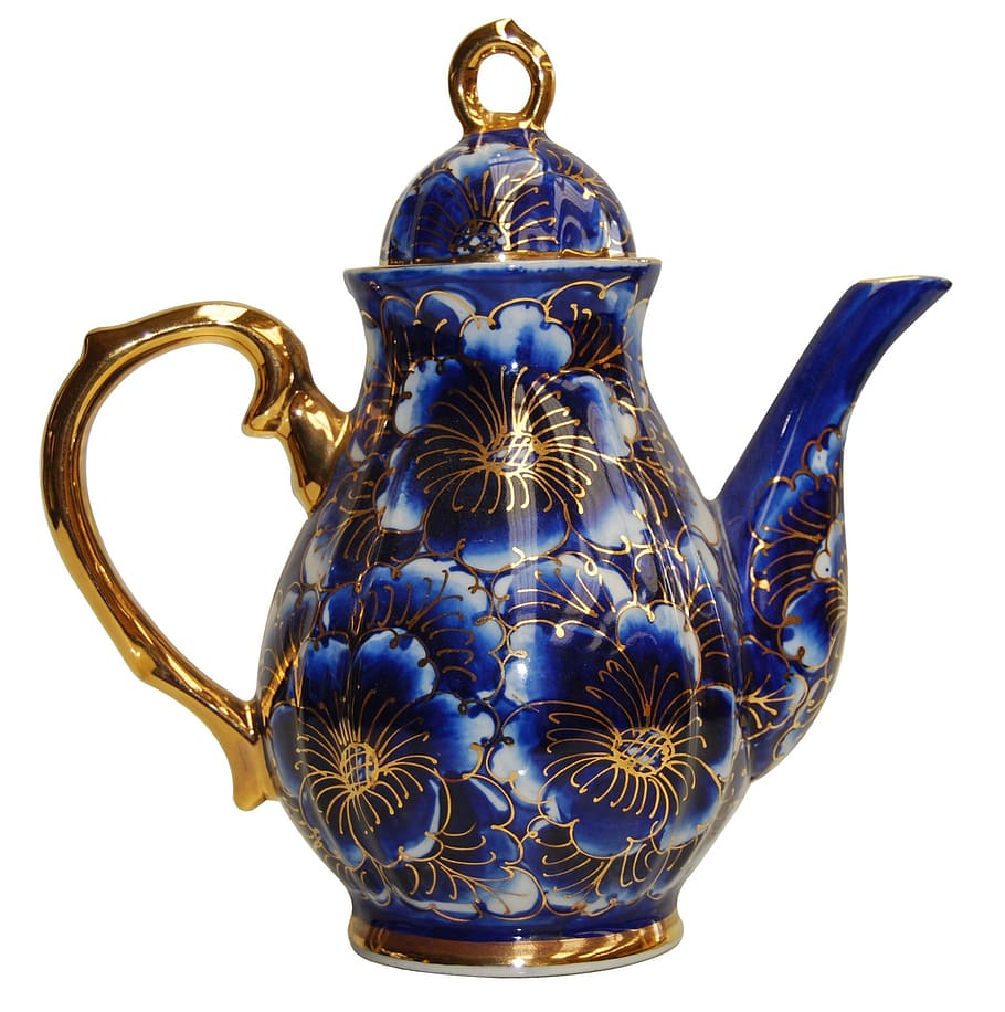blue and gold floral teapot, colorful, drink, beverage, hot, table