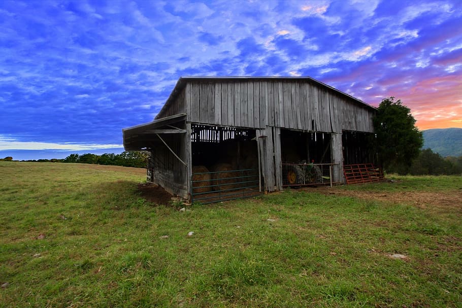 barn, sunset, rural, landscape, nature, farm, sky, agriculture, HD wallpaper