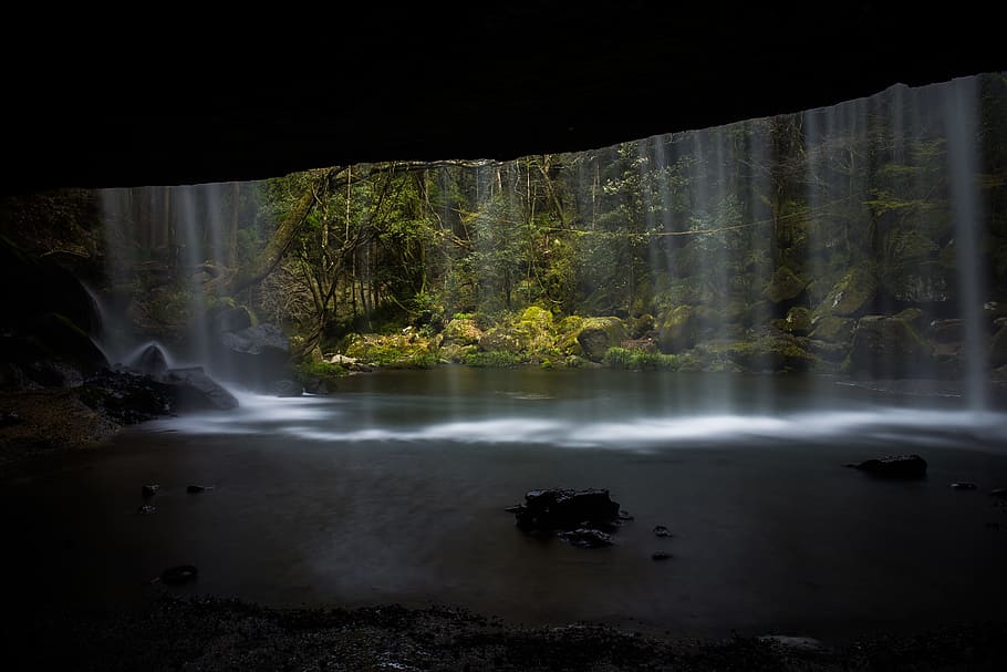 lanscape photography of rain forest, waterfall, japan, fresh green, HD wallpaper