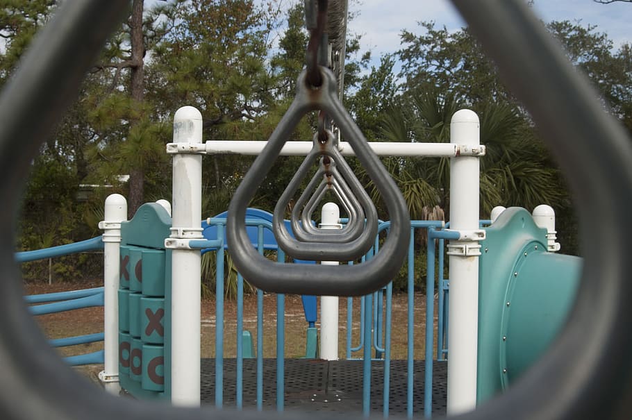 park, rings, symmetry, playground, metal, day, tree, nature, HD wallpaper