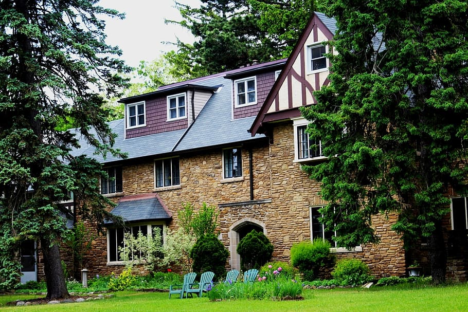 architecture, old, house, park, tree, flowers, summer, relaxation HD wallpaper
