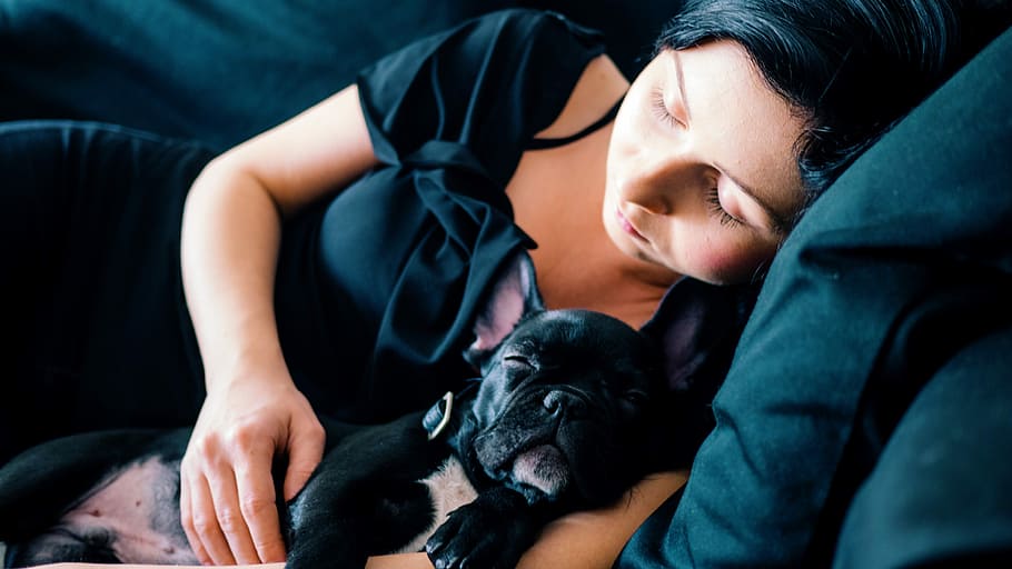 woman and black French bulldog sleeping on sofa, woman lying on green sofa beside black French bulldog puppy