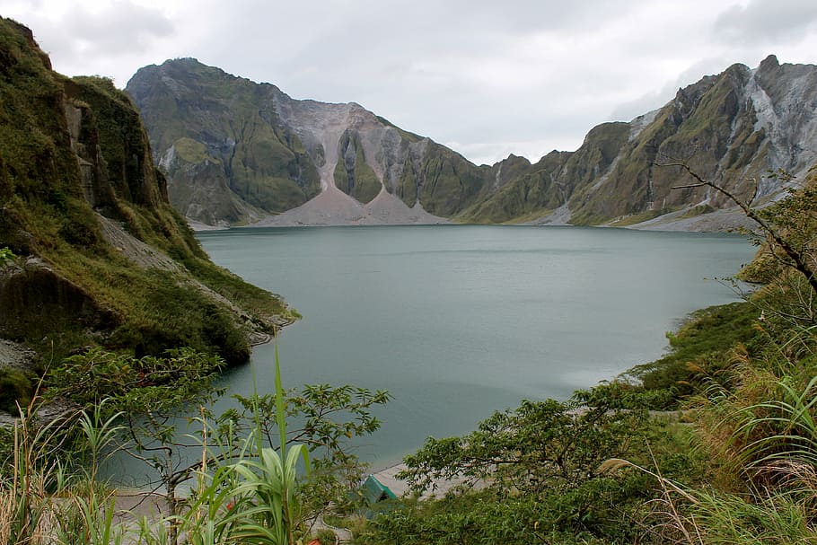 photograph of mountain beside body of water, philippines, mt pinatubo