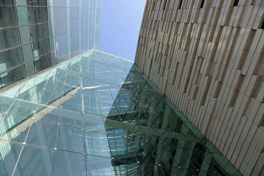 modern building, architecture, wall, sky, blue, guangzhou library HD wallpaper