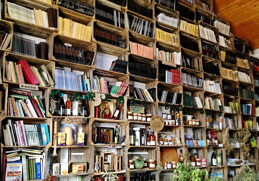 library, market, books, spirits, shelves, honey, boxes, publication HD wallpaper