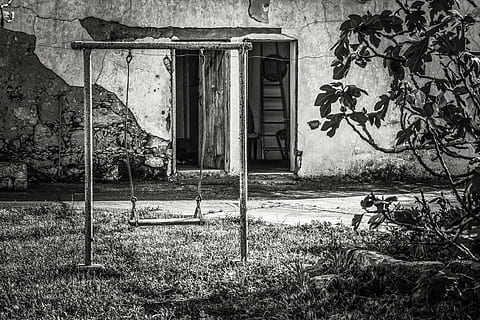 grayscale photo of swing outdoor, rusty, yard, old house, decay HD wallpaper