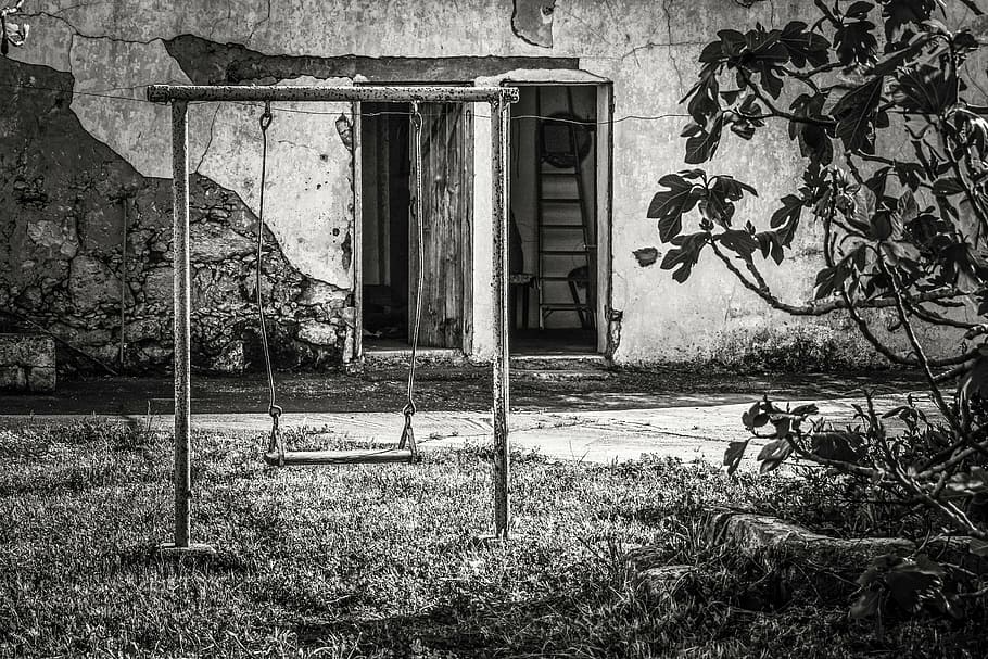 grayscale photo of swing outdoor, rusty, yard, old house, decay HD wallpaper