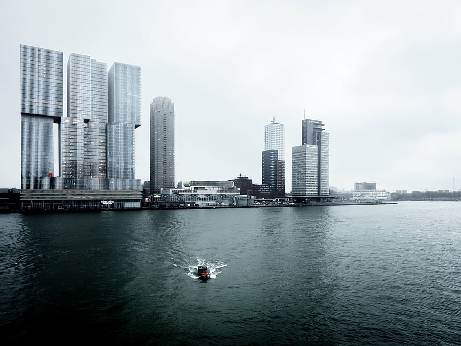 boat speeding near high-rise buildings, architecture, infrastructure HD wallpaper