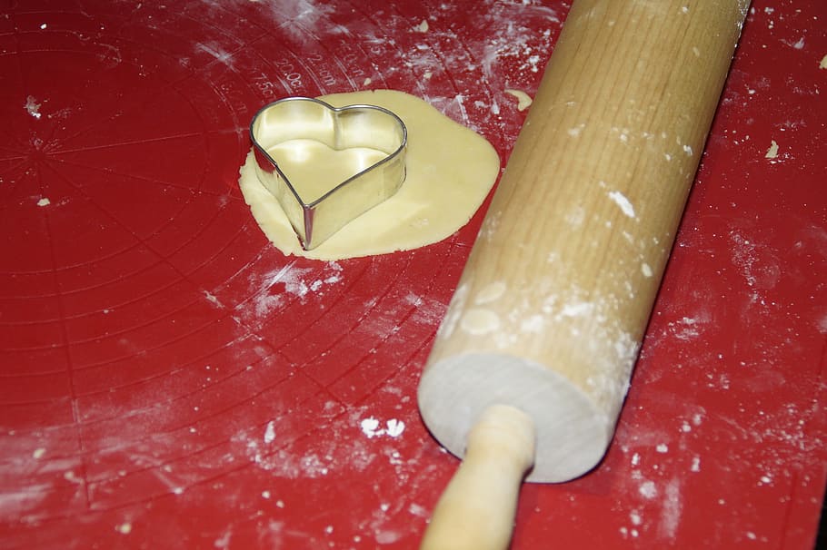 brown wooden rolling pin on red surface, Bake, Christmas, Baking HD wallpaper