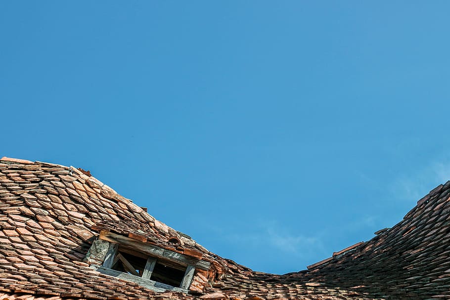 attic, brown, tiled, roof, blue, sky, sunny, day, structure, window, HD wallpaper