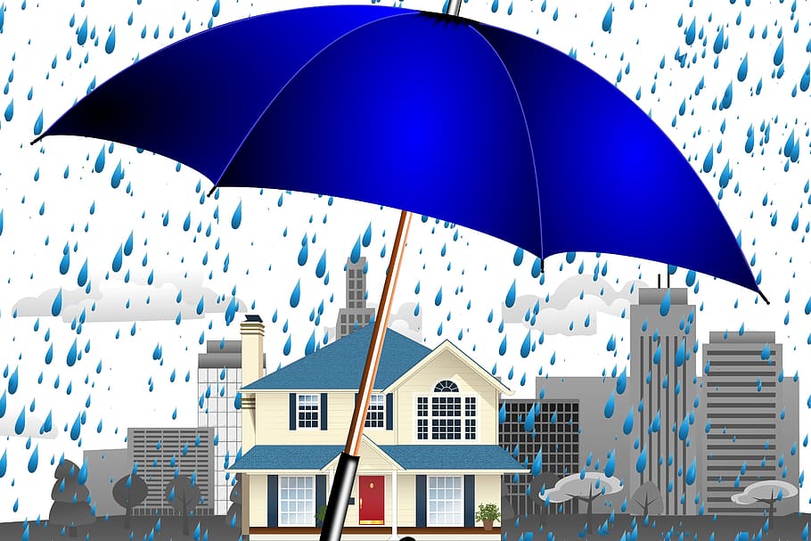 blue umbrella illustration, home, property, city, skyline, background, HD wallpaper