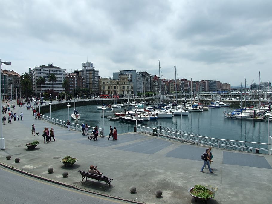 marina, spring, gijón, boats, pontoons, cloud - sky, water HD wallpaper