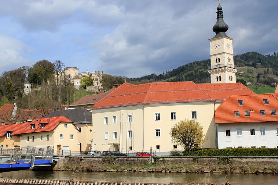 Riverside and Wolfsberg Castle in Austria, building, public domain HD wallpaper