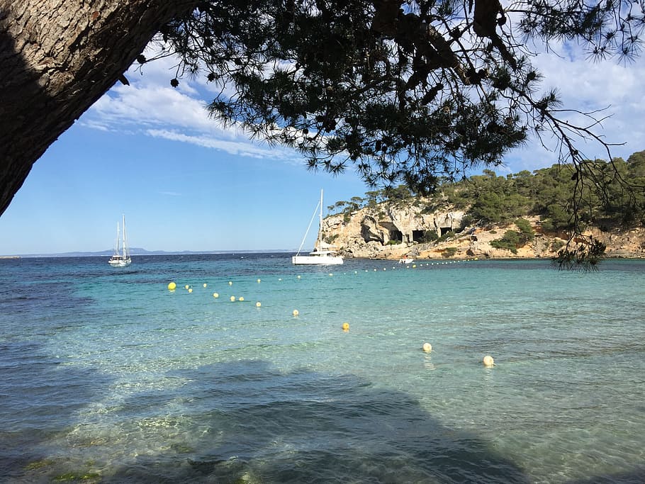mallorca, sea, blue, summer, beach, water, sky, tree, nautical vessel HD wallpaper