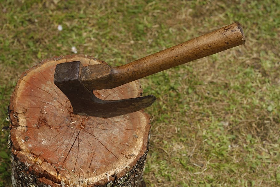 axe stocked on tree log, lumber, lumberjack, wood, sharp, equipment HD wallpaper