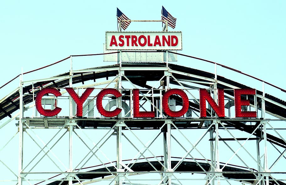 Astroland Cyclone, Astroland cyclone neon sign, roller coaster HD wallpaper