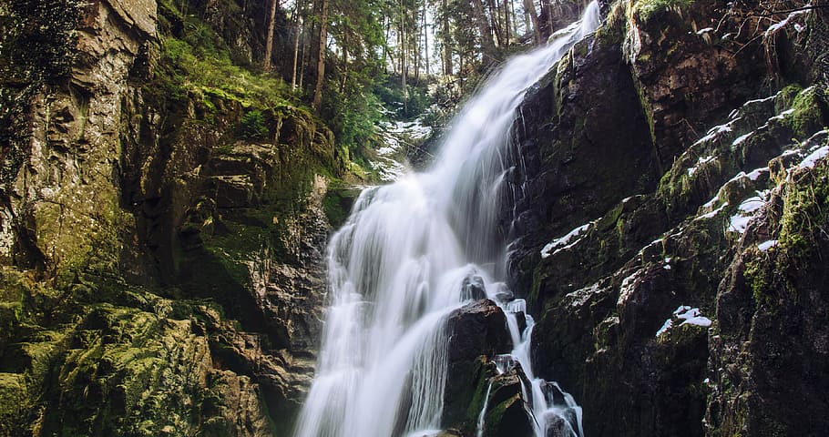 time-lapse photo of waterfalls, stream, moss, green, trees HD wallpaper