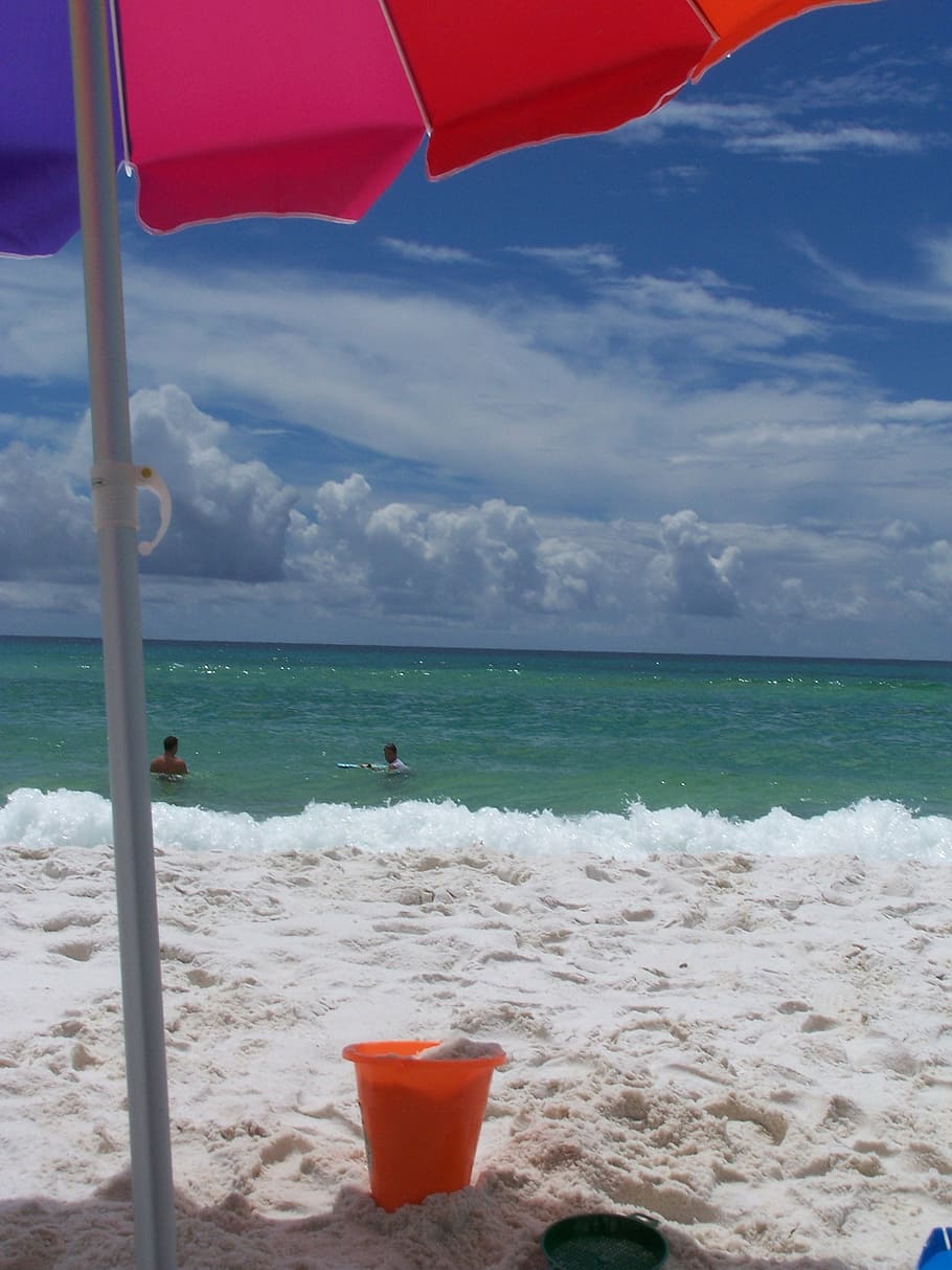 beach, white, sand, sea, bucket, play, umbrella, swimmers, ocean HD wallpaper