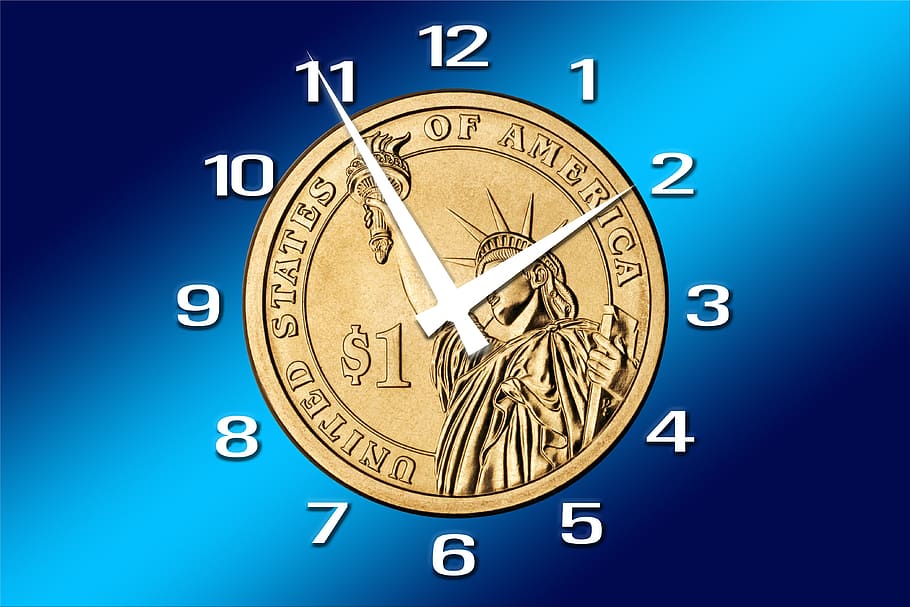 round gold-colored analog wall clock illustration, time, time is money