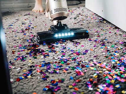 black and grey steam mop, vacuum, cleaning, confetti, party HD wallpaper