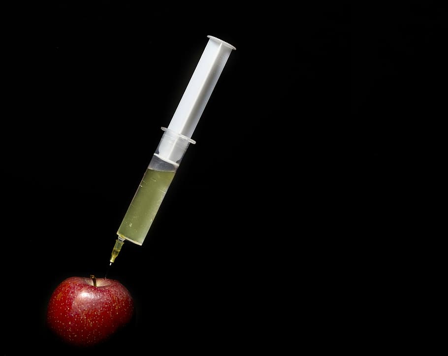 syringe and apple, hypodermic syringe, manipulation, disposable syringe HD wallpaper