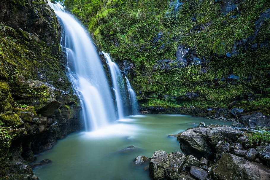 creek, fall, nature, plants, rocks, stream, water, waterfalls HD wallpaper