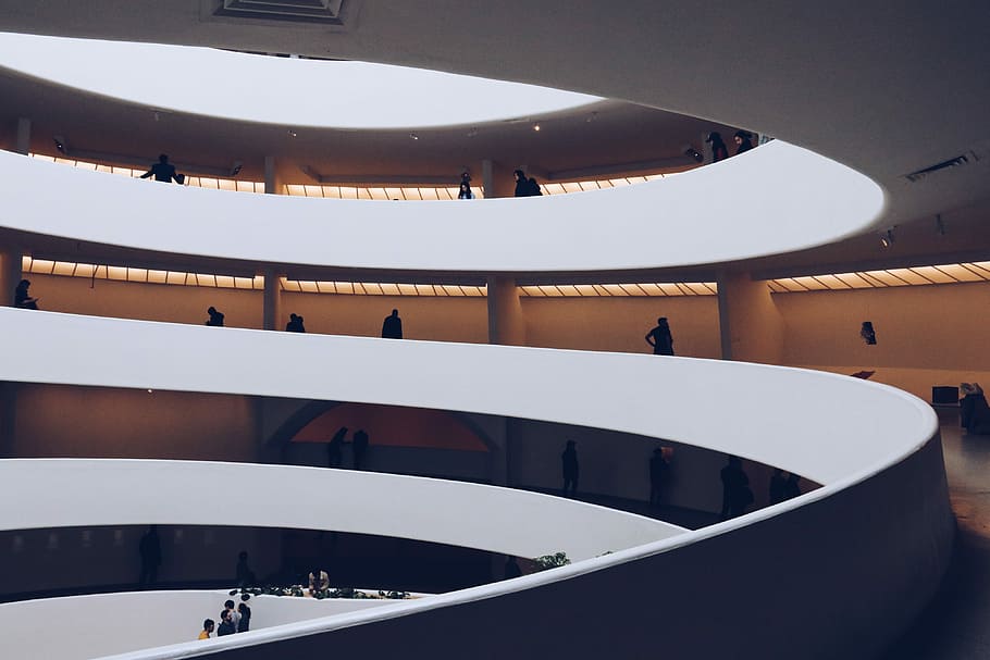 group of people walking on spiral ladder silhouette, building HD wallpaper