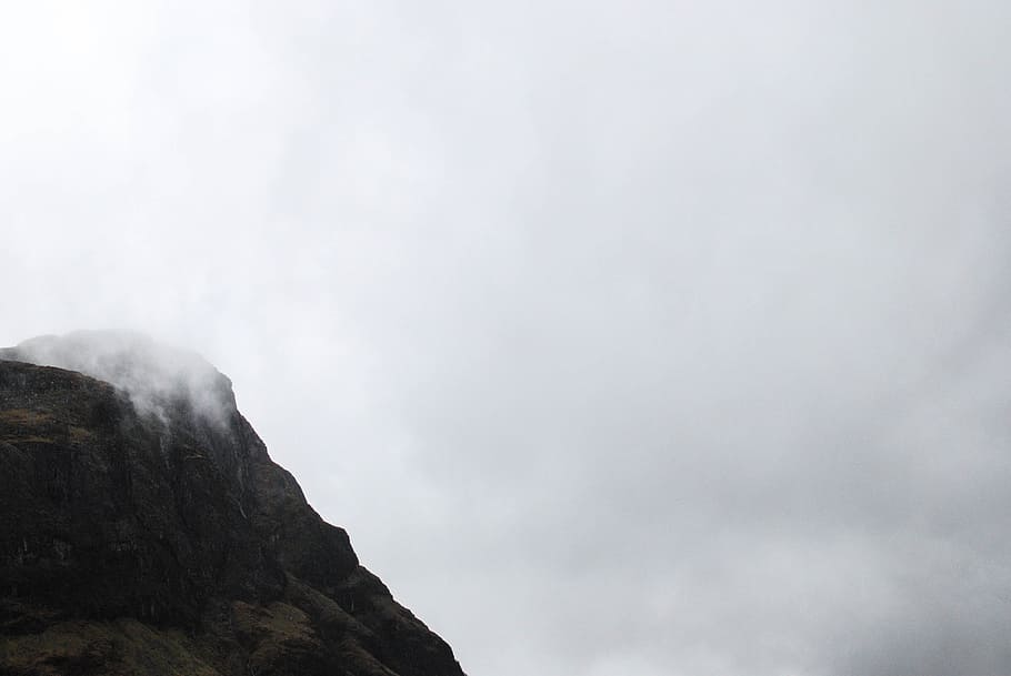 mountain, highland, rocks, cliff, foggy, landscape, sky, cloud - sky HD wallpaper
