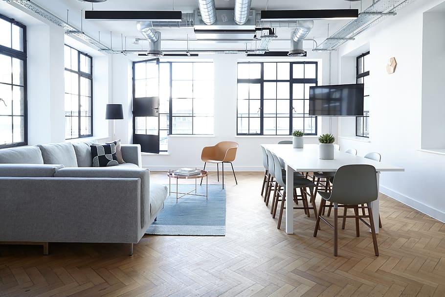 brown wooden floor, interior, design, tables, chairs, white HD wallpaper