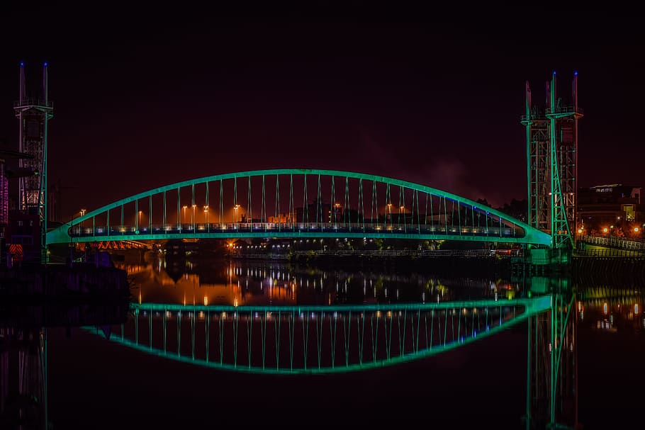 green bridge, Manchester, Reflection, architecture, water, england