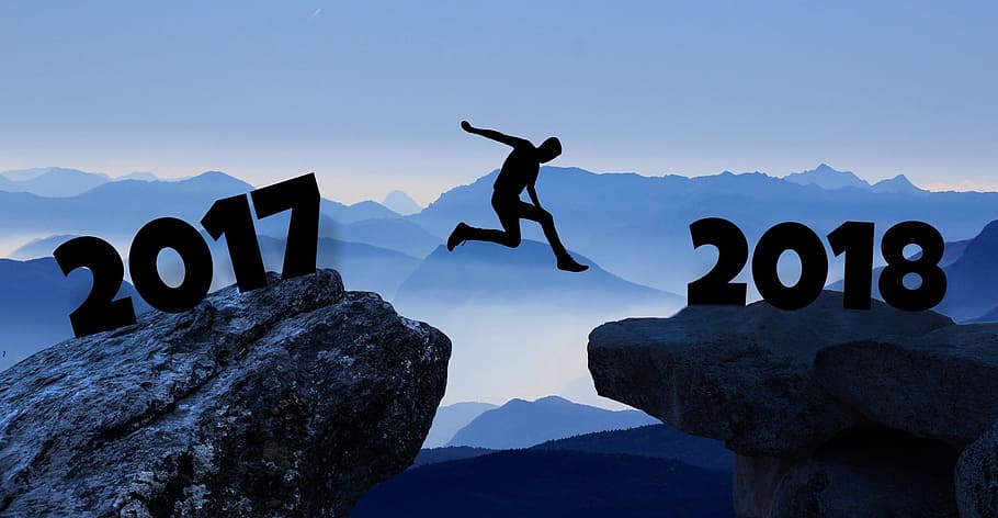 silhouette of person jumping front 2017 to 2018 cliff, design HD wallpaper
