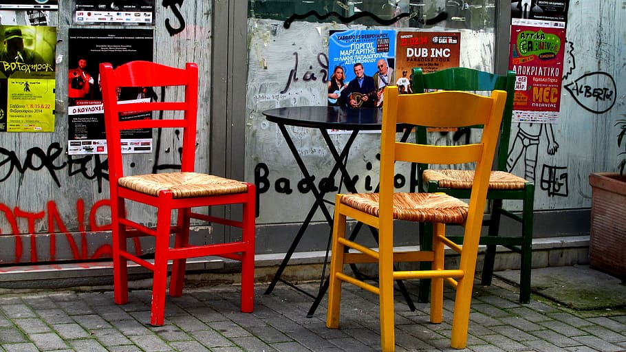Chairs, Color, Greece, thyseio, monastiraki, cafe, red, industry HD wallpaper