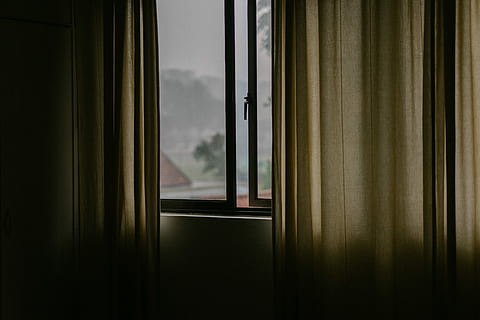 black metal framed glass window open with brown curtain, brown curtain window hang beside glass window open HD wallpaper
