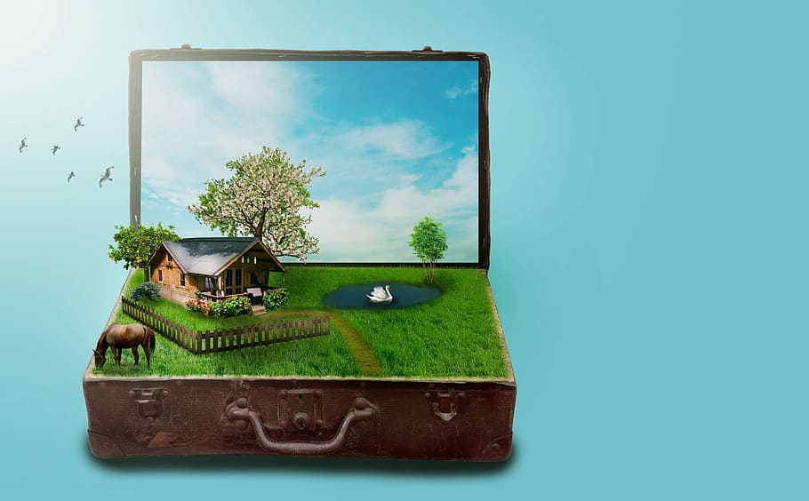 brown suitcase with house miniature, fantasy, luggage, home HD wallpaper