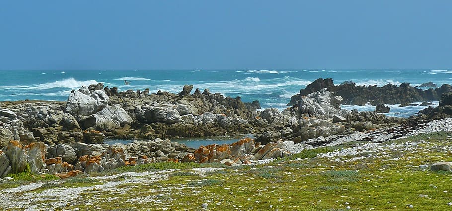 stones near body of water, coast, sea, surf, rock, beach, wave HD wallpaper