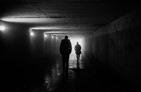 two silhouette persons walking at the cave, underground, shadow HD wallpaper