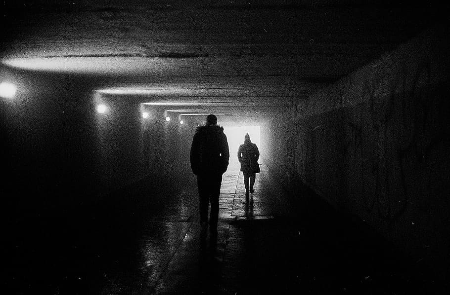 two silhouette persons walking at the cave, underground, shadow HD wallpaper