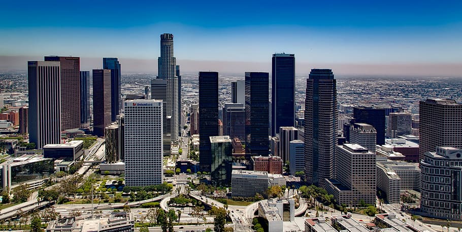 aerial photo of buildings, los angeles, california, skyline, downtown, HD wallpaper