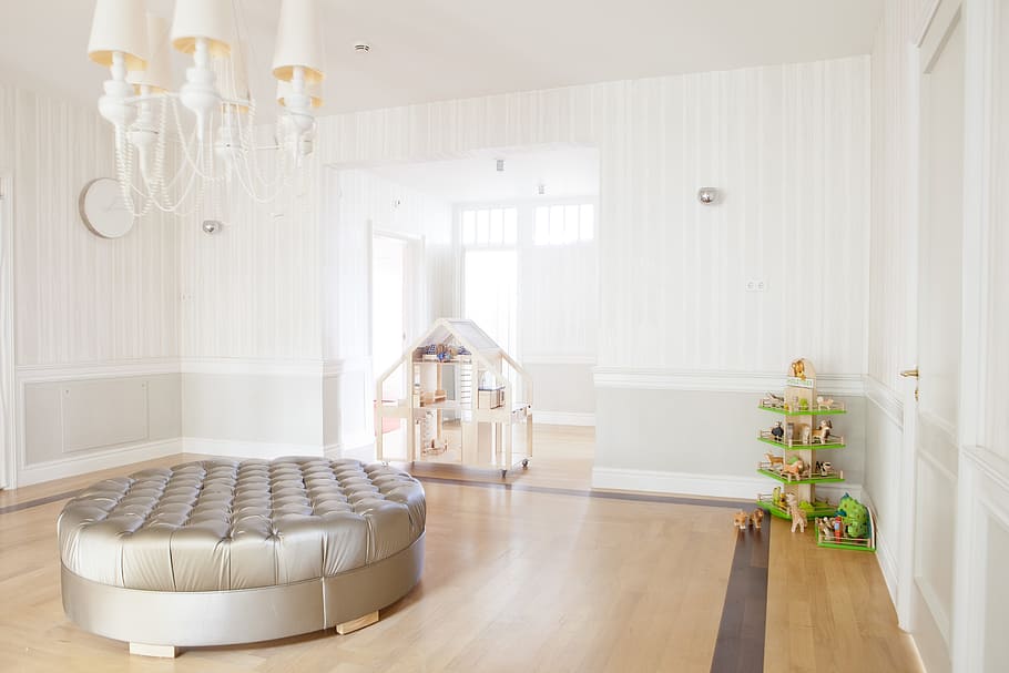 white room interior, luxury, sofa, couch, bed, round, home HD wallpaper