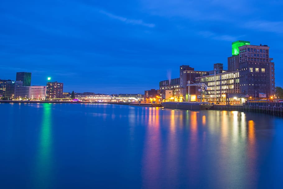 rotterdam, reflection, harbor, night, water, holland, architecture, HD wallpaper