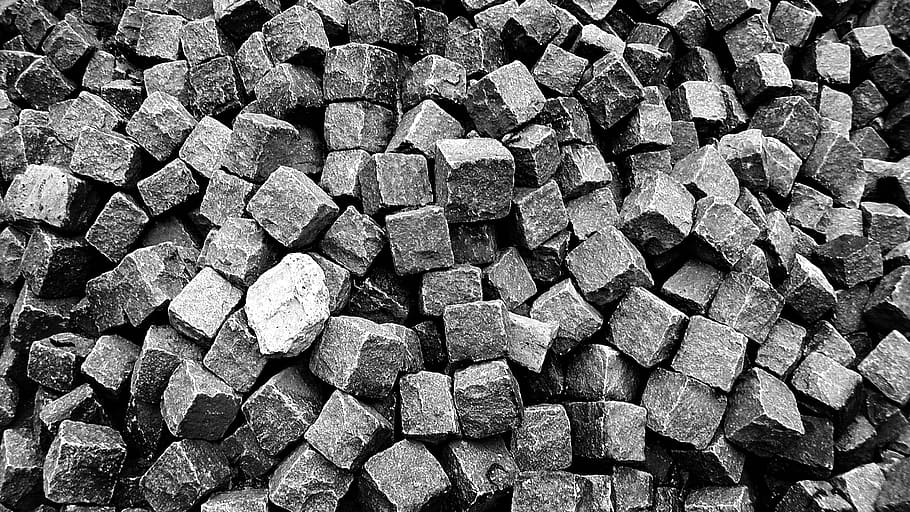 grayscale photography of rocks, brick, stone, blocks, building material